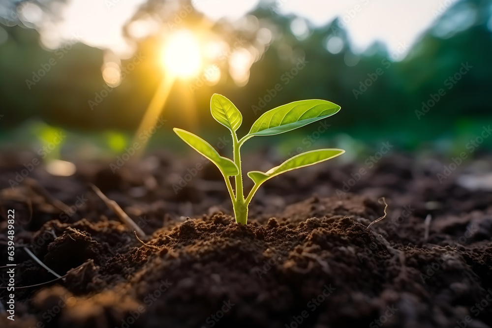 Close up of small tree growing in the morning light background, Planting seedlings young plant grow 