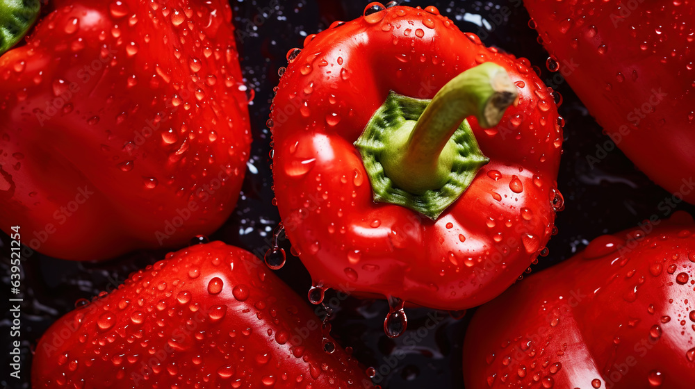 Fresh red bell peppers with water drops background. Vegetables backdrop. Generative AI