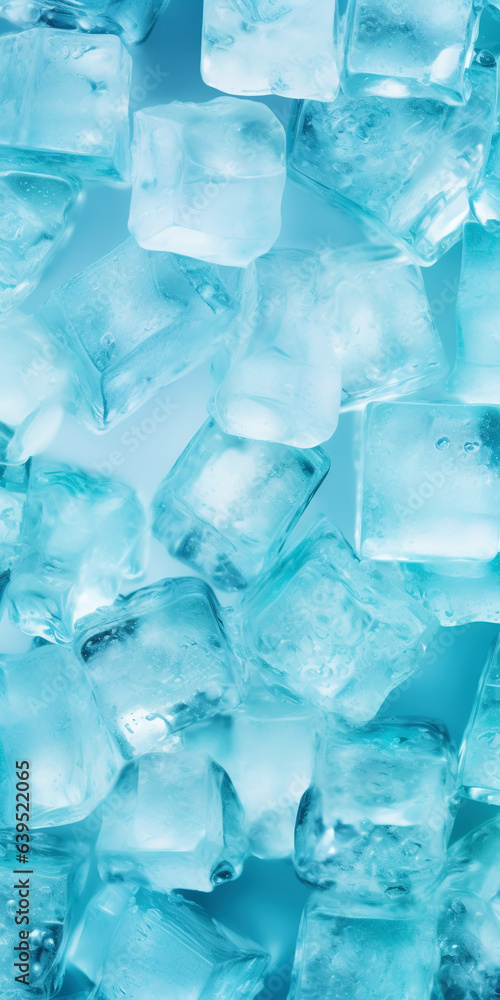 Ice cubes bluish background. Frozen water. Cold fresh concept. Generative AI