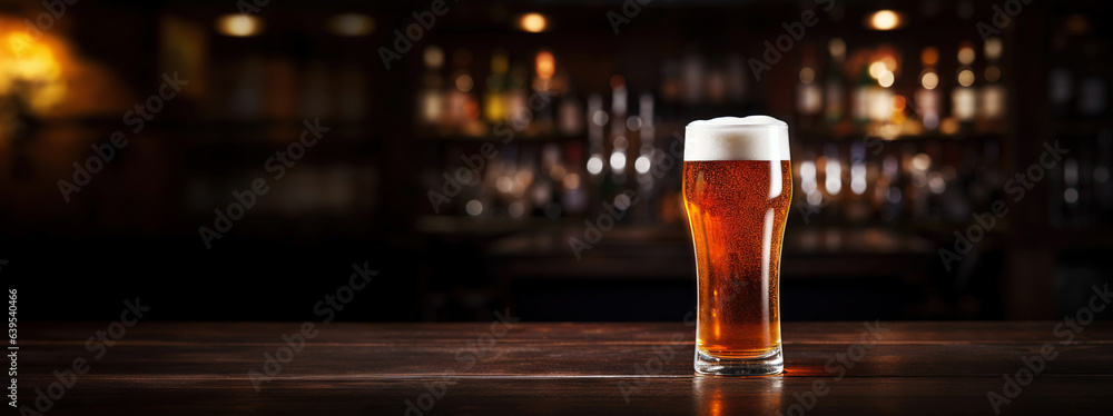 Pilsner glass of light beer on bar table in a dark pub with copy space. Generative AI