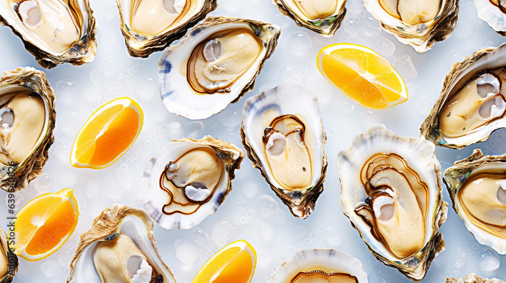 Top view on fresh oysters laying on crushed ice. Seafood background. Generative AI