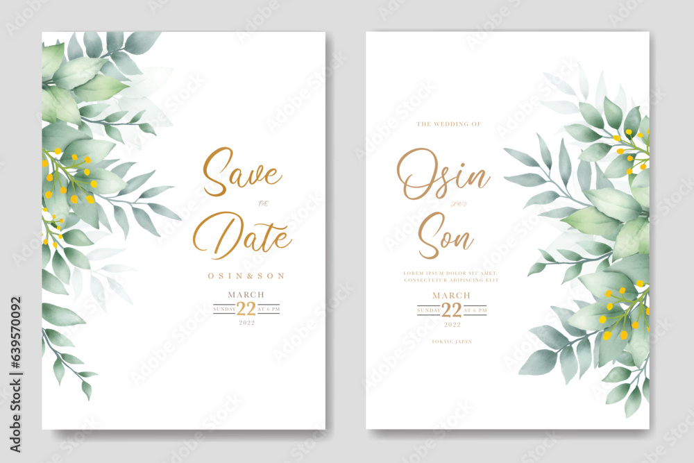 wedding invitation card with green leaves watercolor  