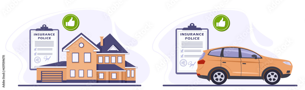 Illustration set of insurance policy, car, house and thumb up. The concept of car, home, real estate