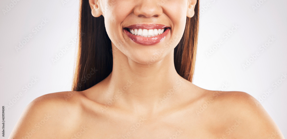 Woman, face and teeth with smile, dental and health, skin and lip gloss isolated on white background