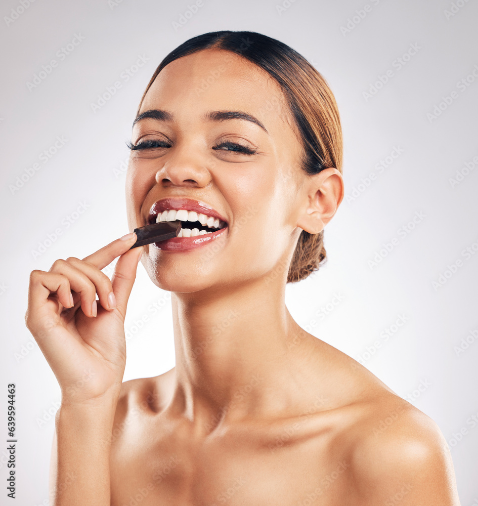 Chocolate, smile and portrait of woman in studio with diet, detox or sweet, unhealthy and snack on w