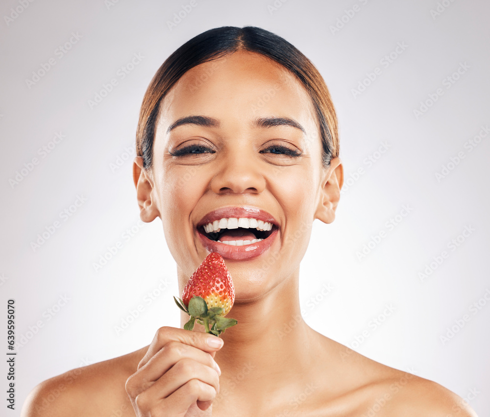 Skincare, portrait and happy woman with strawberry in studio for wellness or natural cosmetics on wh