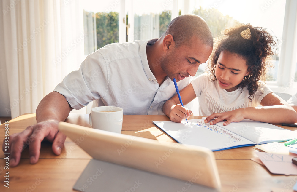 Help, father and girl with homework, tablet and conversation with elearning, knowledge and education