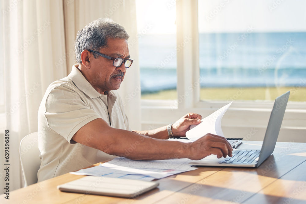 Senior man, laptop and documents in budget planning, schedule payment or checking bills at home. Mat