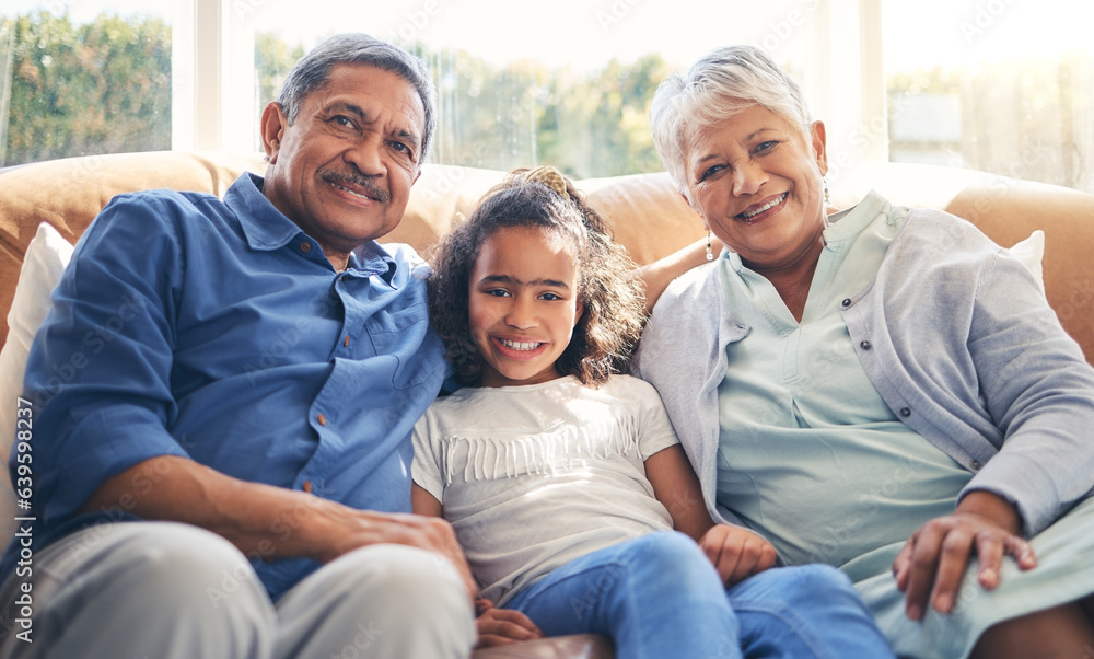 Grandparents, portrait and happy child on sofa in home living room, bonding and having fun together.