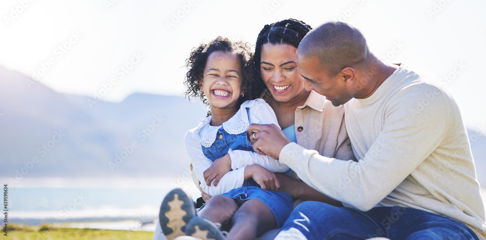 Mother, beach or father laughing with child bonding in Brazil to relax with love, smile or care in s