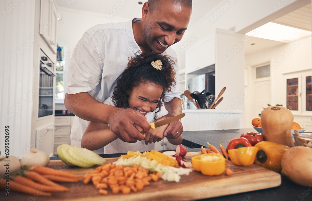 Cooking, ingredients and father with girl in kitchen for child development, learning or teaching. Ha