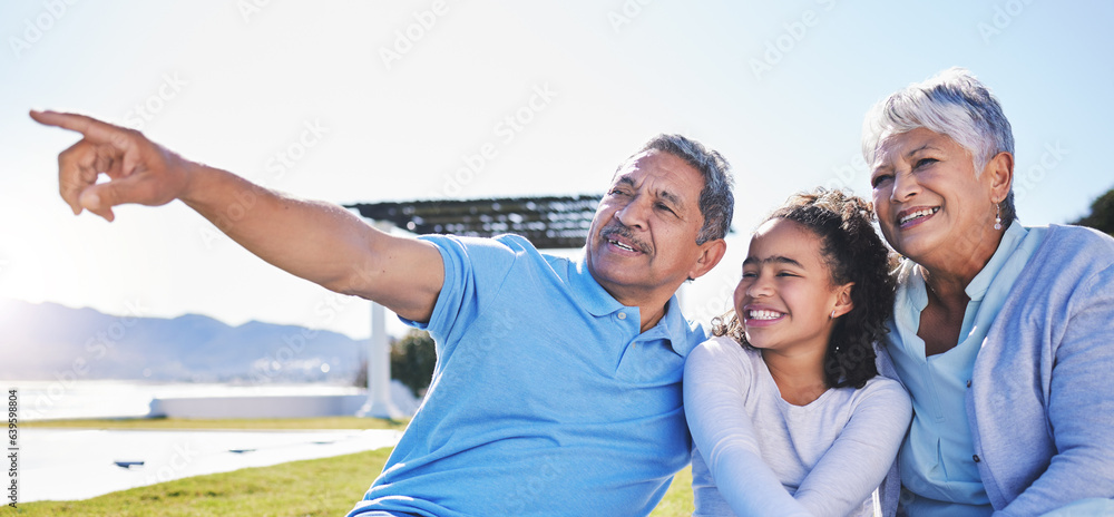 Happy, talking or grandparents with child in nature bonding to relax with care in retirement on mock