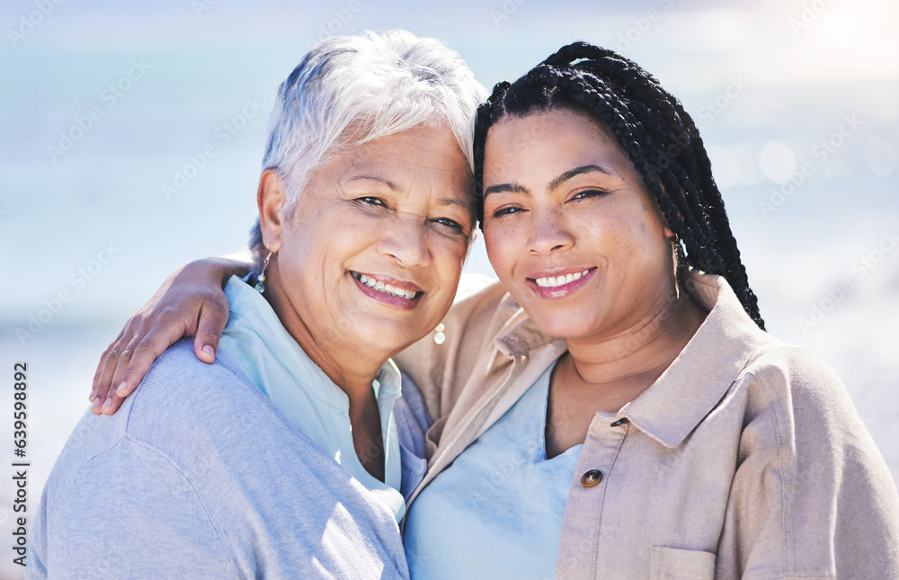 Portrait, beach, mother and daughter, hug and family with vacation, support and summer break. Face, 