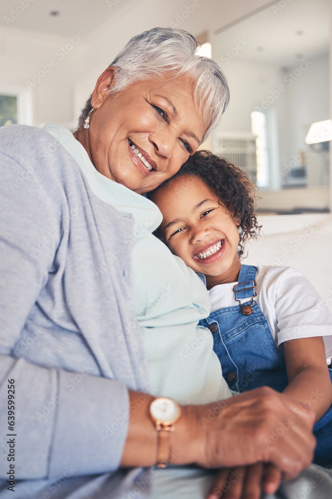 Portrait, hug and grandma with girl, smile and bonding with weekend break, love and care in a living