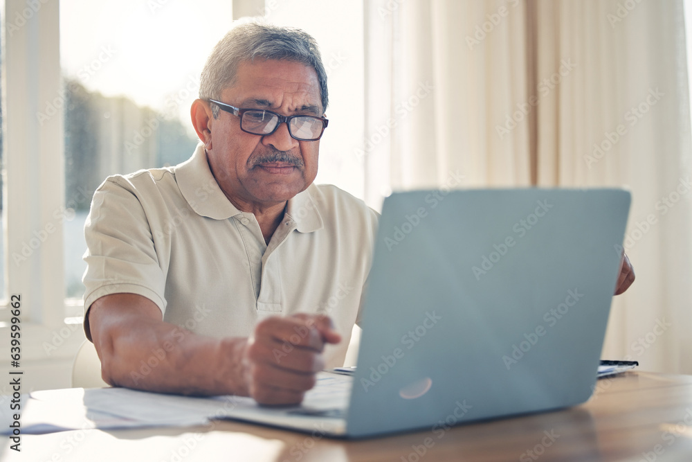 Senior man, laptop and documents in finance or budget planning or checking bills and expenses at hom