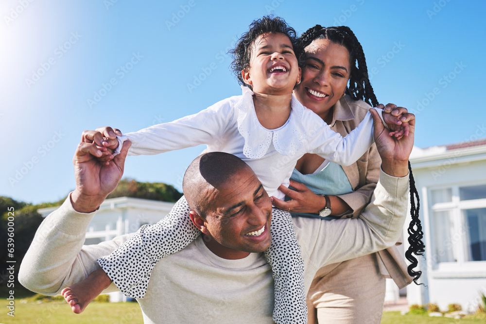 Parents, piggyback or portrait of child in backyard as a happy family on summer holiday vacation tog