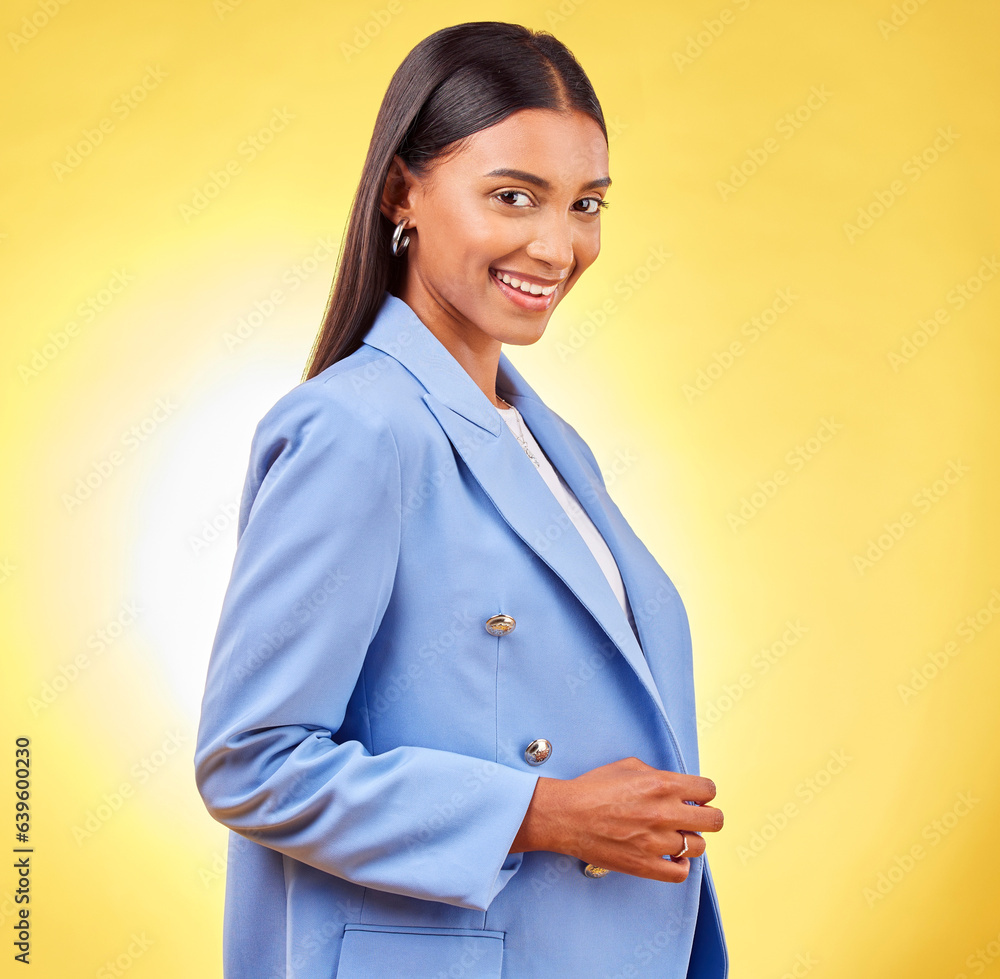 Business woman, smile and portrait with professional style and fashion in a studio. Yellow backgroun