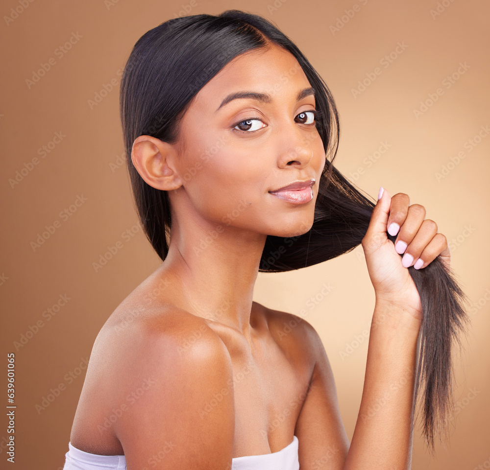 Portrait, woman and growth of hair in studio for keratin treatment, shampoo cosmetics and clean derm