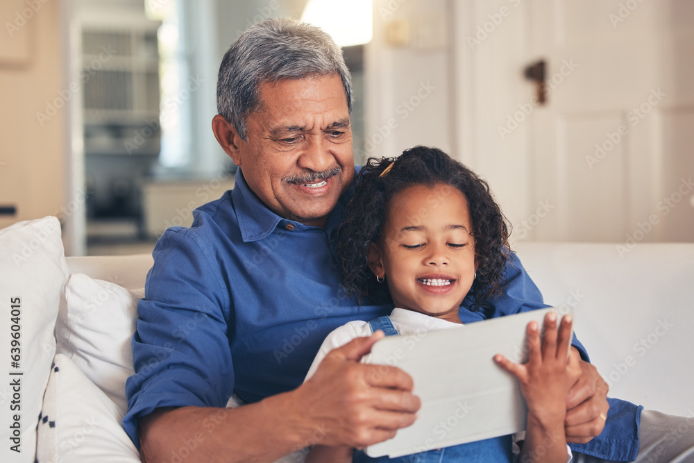 Old man, kid and tablet, cartoon and relax together on sofa, bonding with online streaming and conne