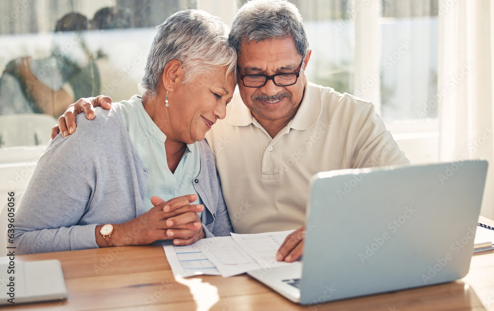 Senior couple, documents and computer for home, investment or budget, retirement or pension with lov