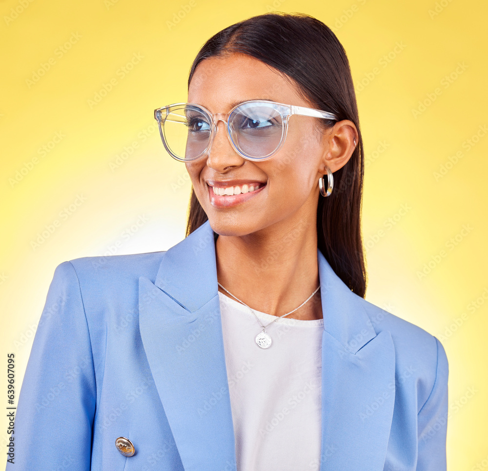 Young business woman, sunglasses and studio with thinking, vision and smile by yellow background. En