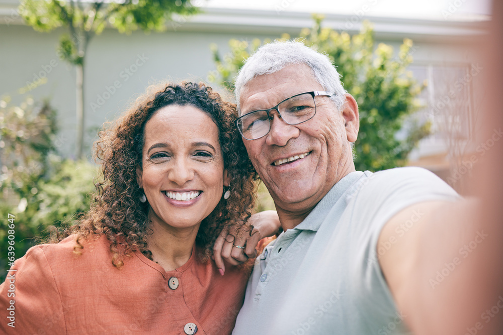 Portrait, father or happy woman in a selfie in garden as a family to relax on fun holiday together. 