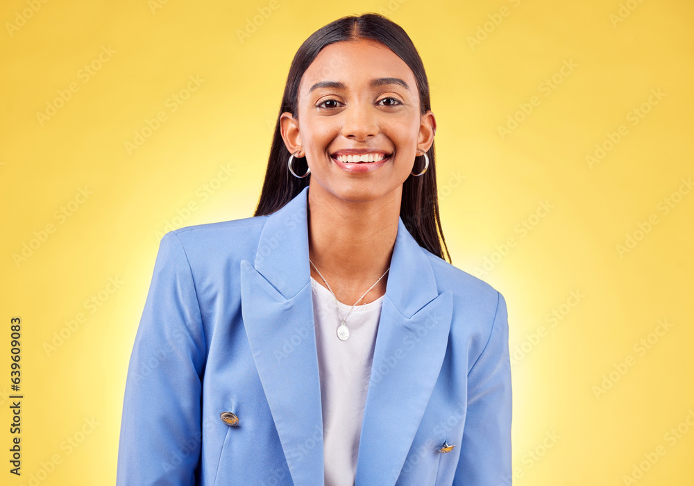 Business woman, smile and happy portrait with professional style and fashion in a studio. Yellow bac