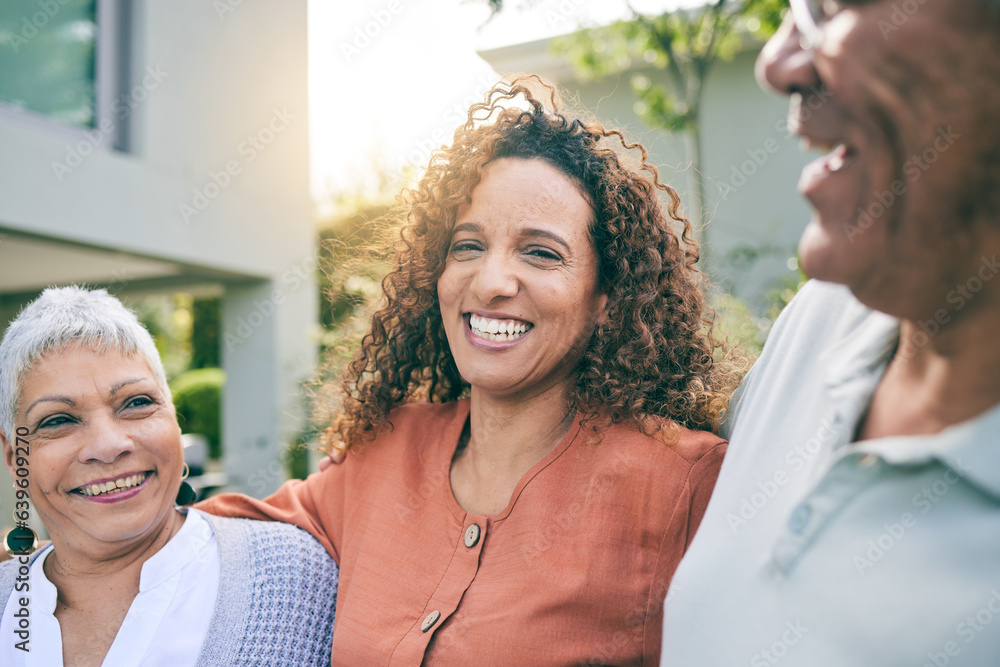 Happy woman, laughing or senior parents in garden bonding as a family in Brazil with love or care in