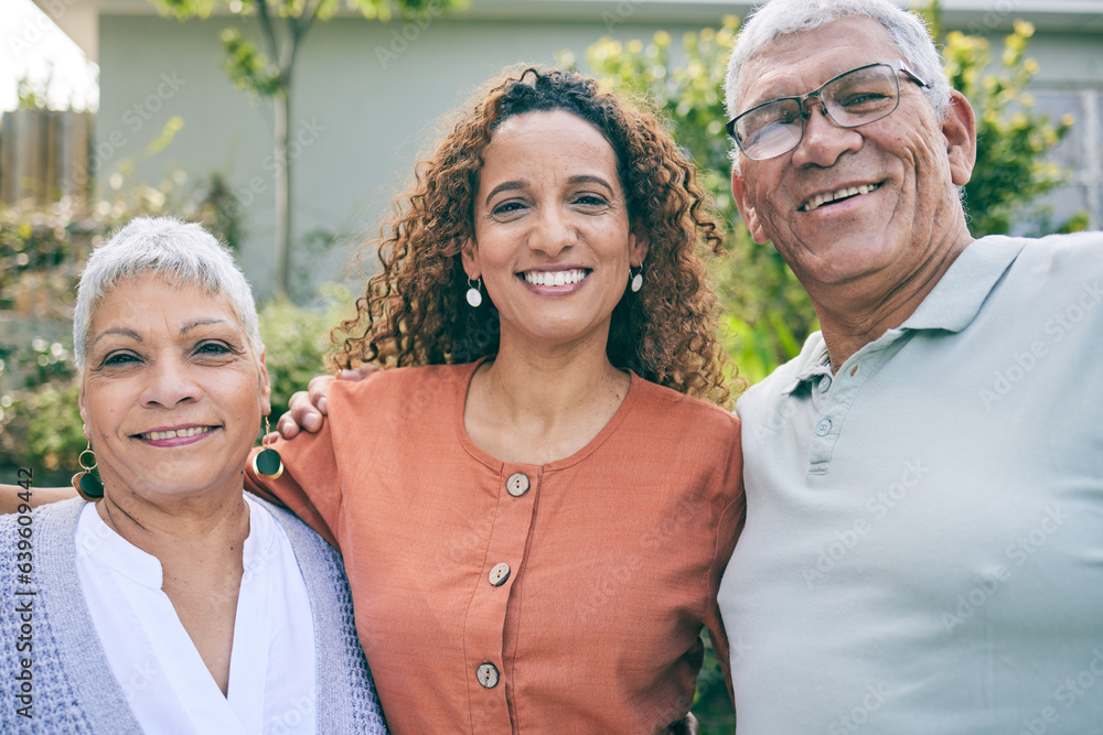 Woman, portrait or senior parents in garden bonding as a family in Brazil with love or care in retir