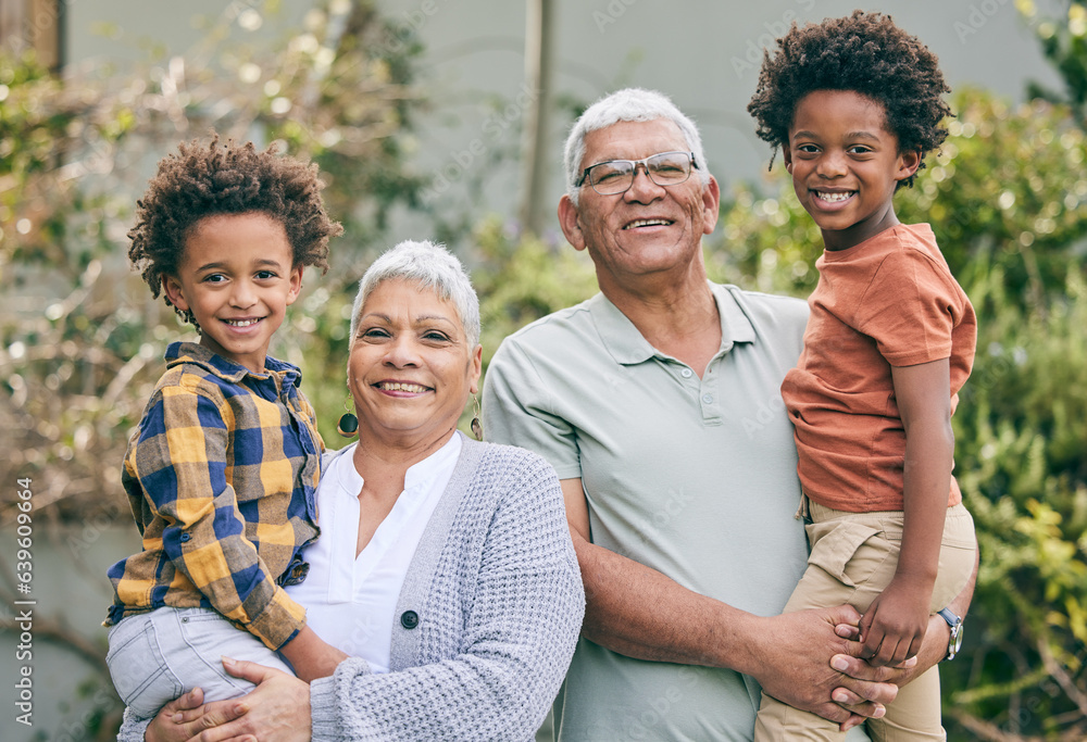 Portrait, happy kids or grandparents in garden to relax for bonding with love, support or care in re