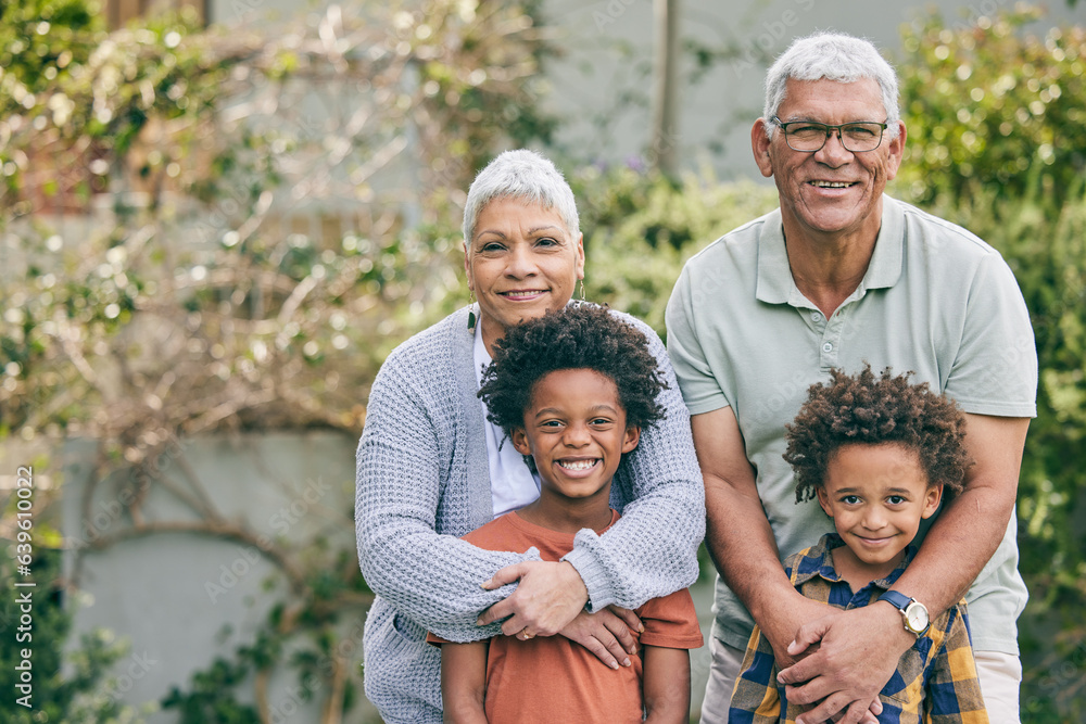 Portrait, hug and children with grandparents in a backyard for bond, care and fun together outdoor. 