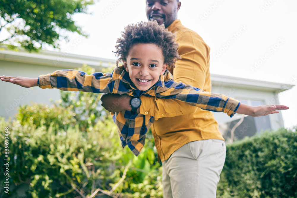 Portrait, garden or child playing with father to relax or bond as a happy family with love or care, 