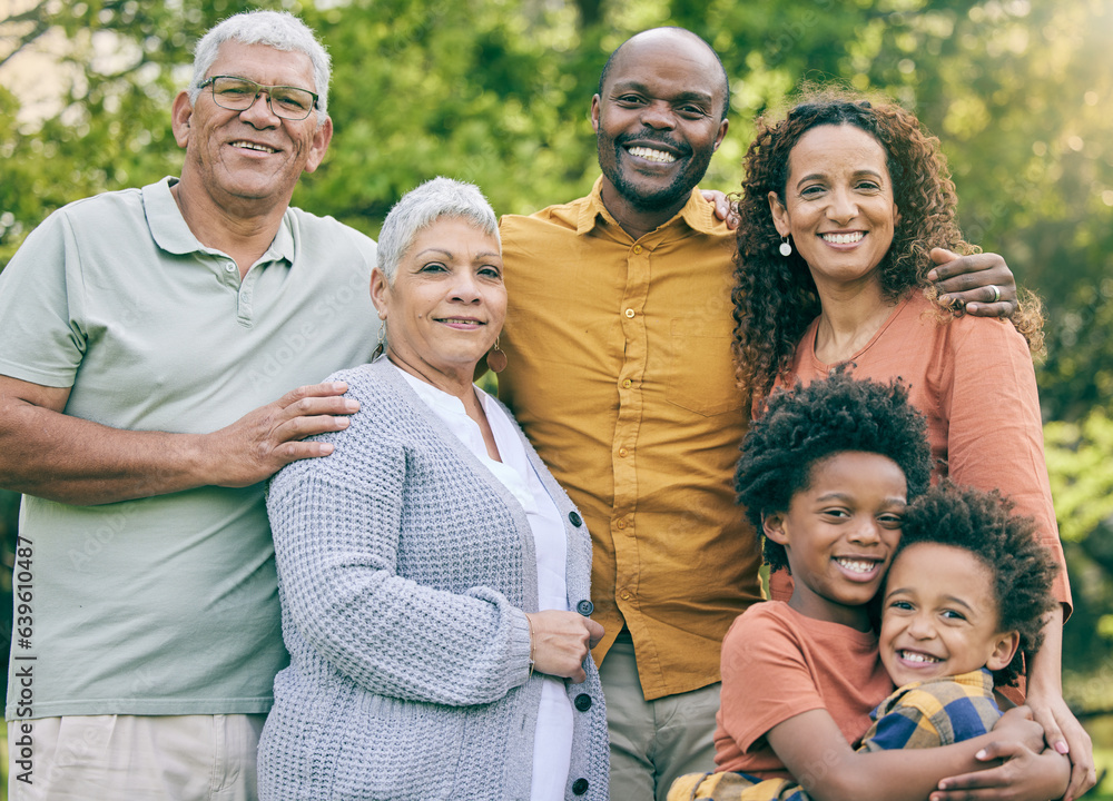 Portrait, happy and big family in nature, interracial and having fun together outdoor. Face, grandpa