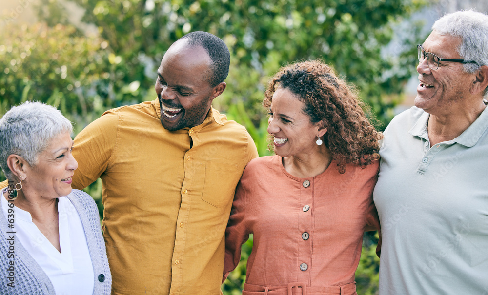 Happy family, laugh or senior parents in nature bonding in Brazil with love or care in retirement. I