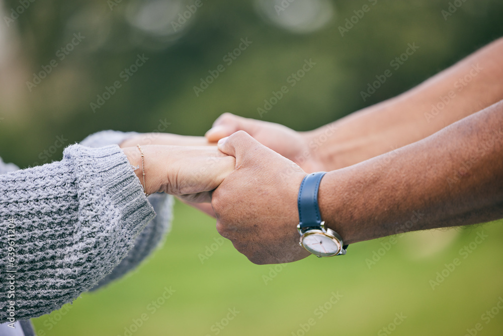 Outdoor, closeup and couple holding hands, love or support with comfort, romance or trust. People, m