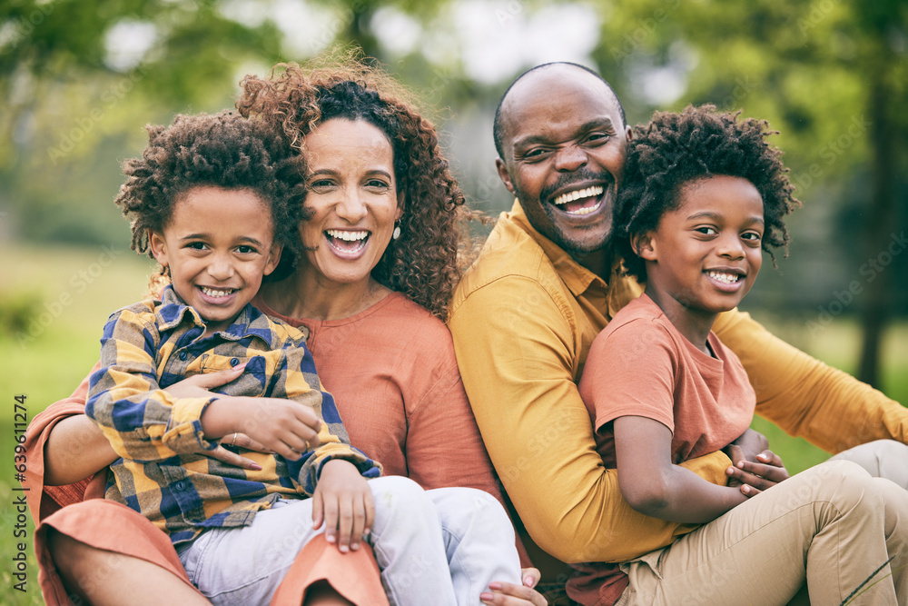 Portrait, black family and parents with children, park and smile with bonding, relax and summer brea