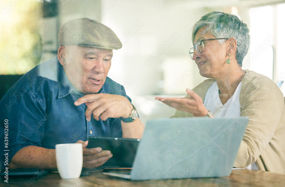 Tablet, laptop or old couple on social media for communication, website or internet connection. Peop