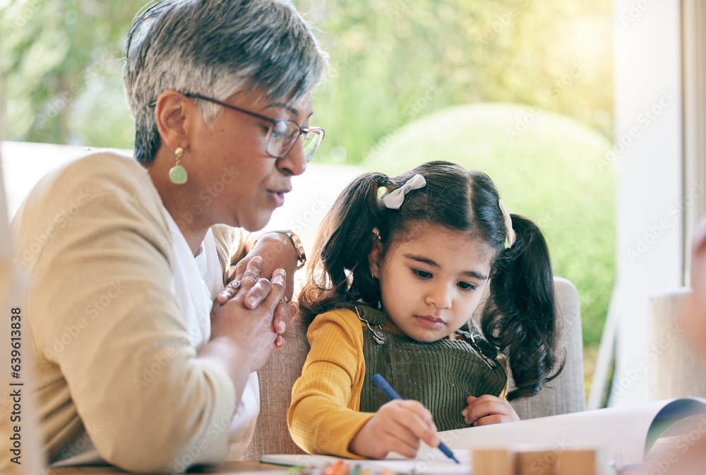 Teaching, grandma or girl learning drawing in book for creative skills or growth development. Senior