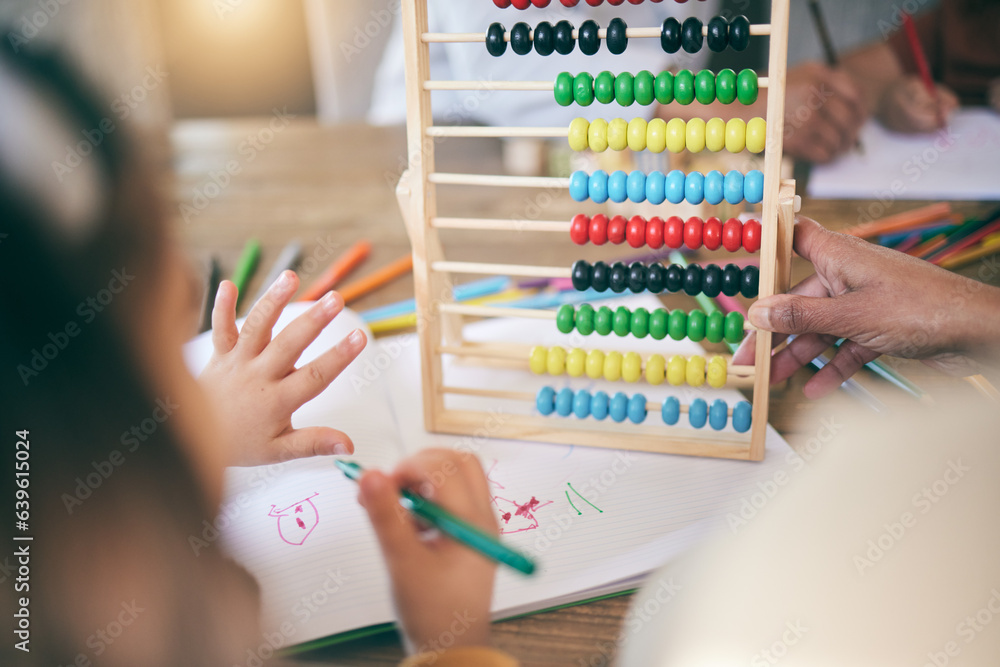 Education, math and child with grandmother, abacus or hand for counting, project or home school, kin