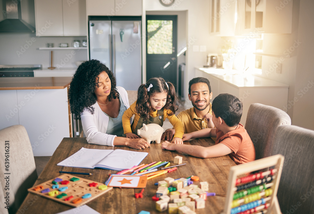 Homework, parents and children with education, talking and studying with knowledge in a living room.