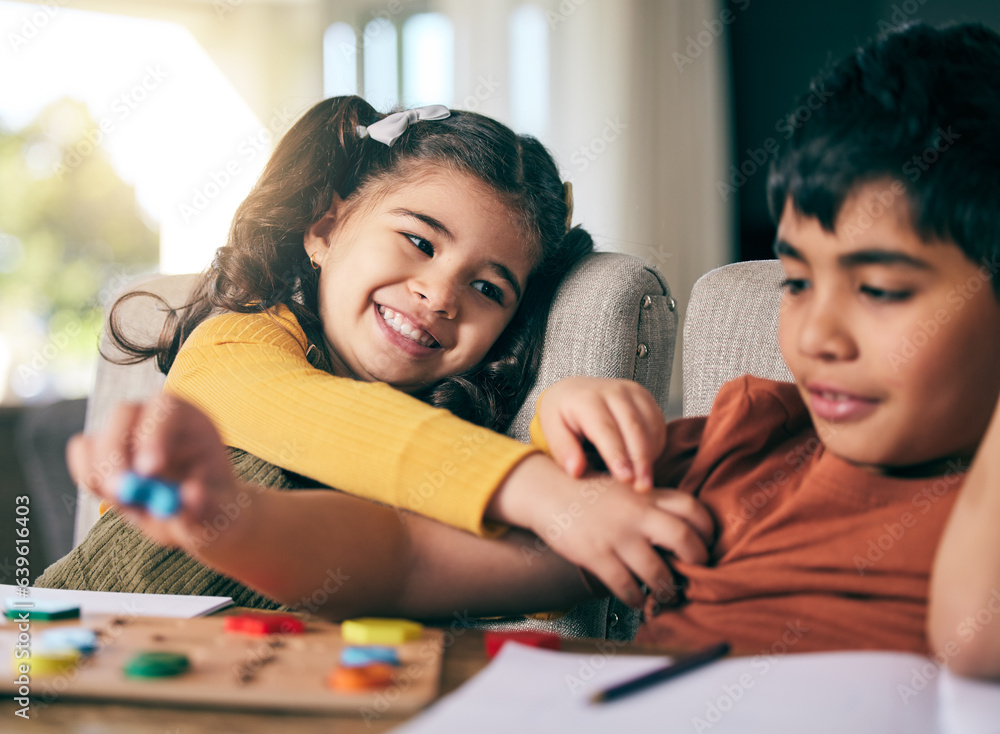 Children, education and girl tickle with her brother in the living room together for learning or hom