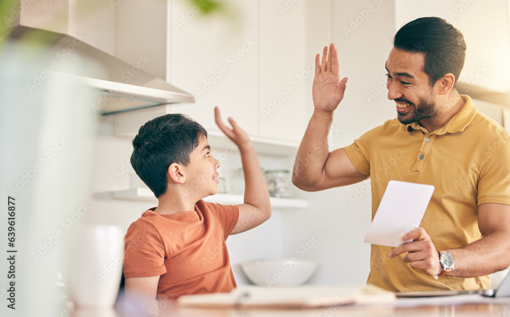 High five, homework and father with child at their home in celebration of completed studying. Happy,