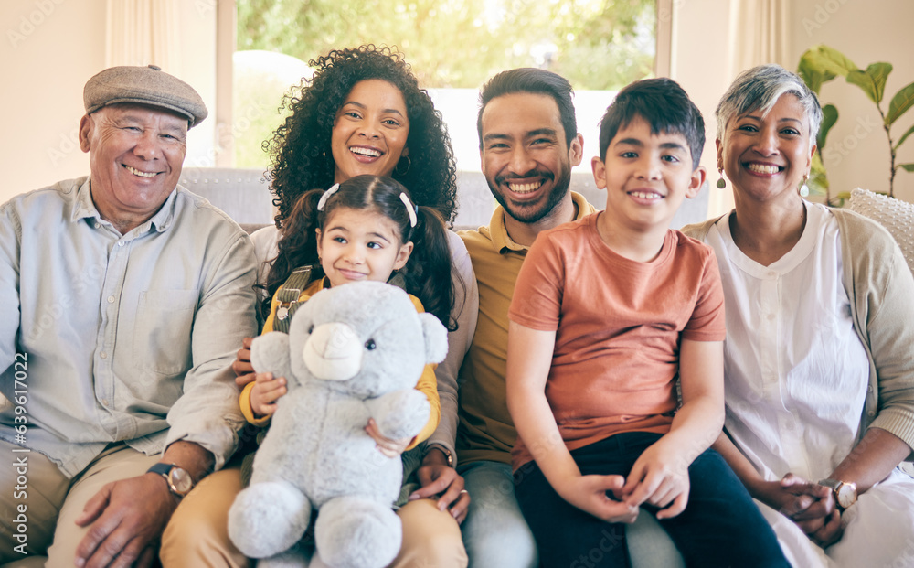 Portrait, smile and big family in home living room, bonding and having fun together. Happy, children