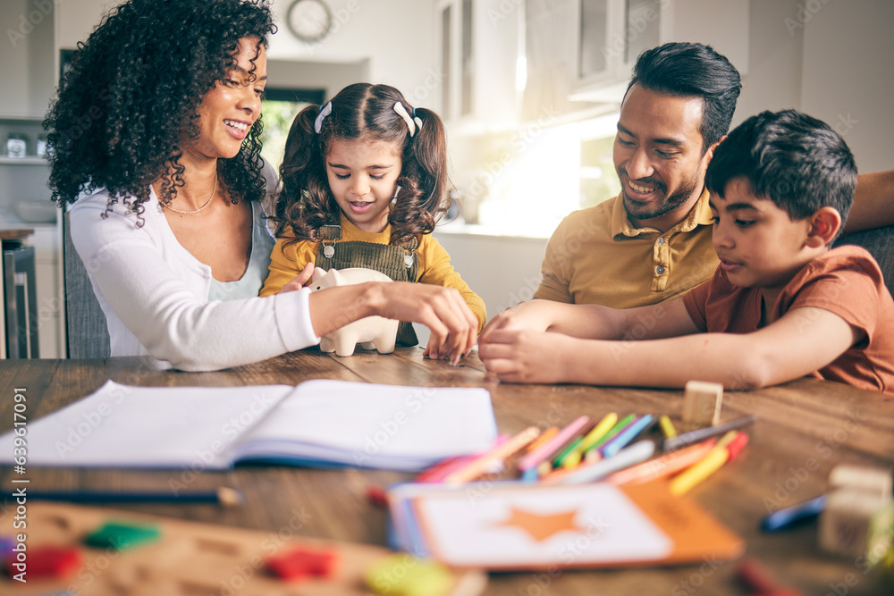 Homework, parents and children with education, conversation and writing in a living room. Family, mo