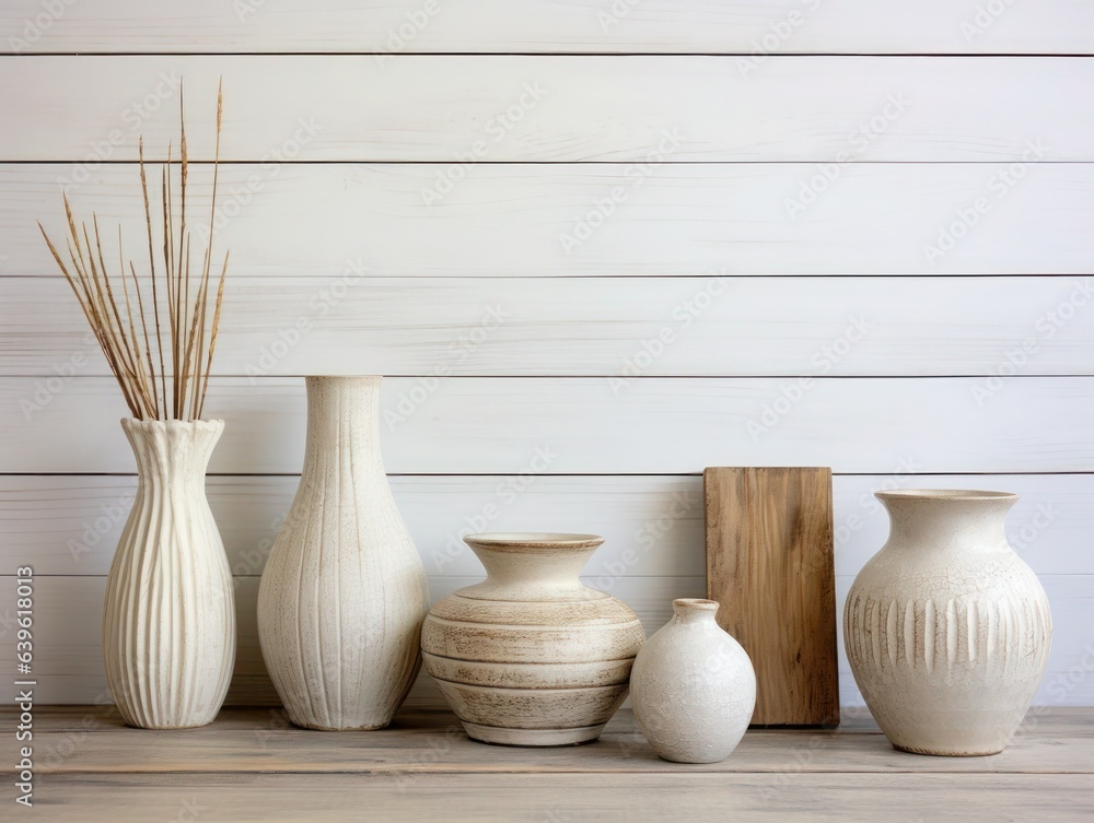 Ceramic white and beige different pots on wooden light background, scandinavian style.