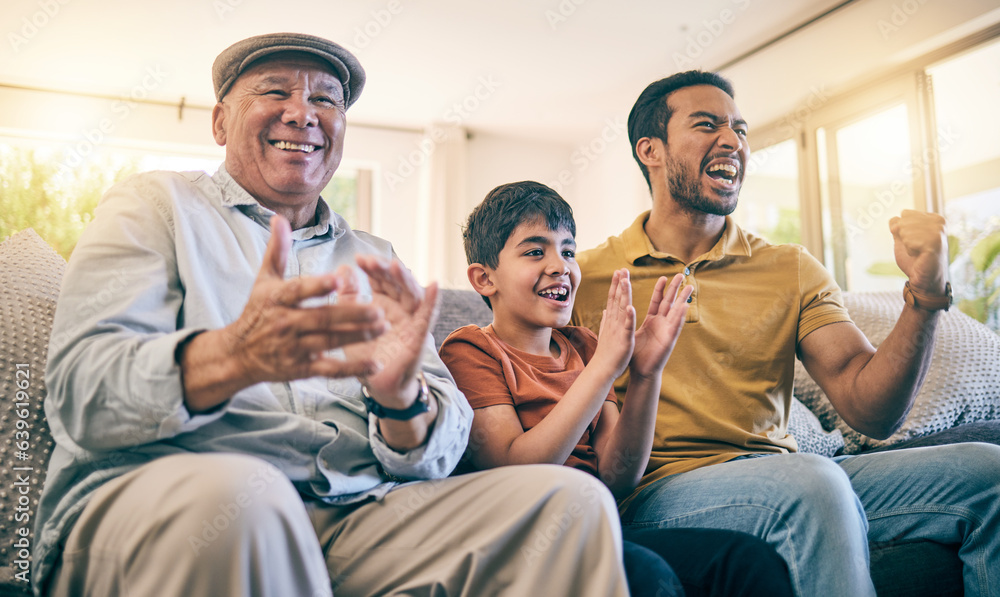 Father, grandfather and child watching tv and celebrate on home sofa for broadcast, live goal and su