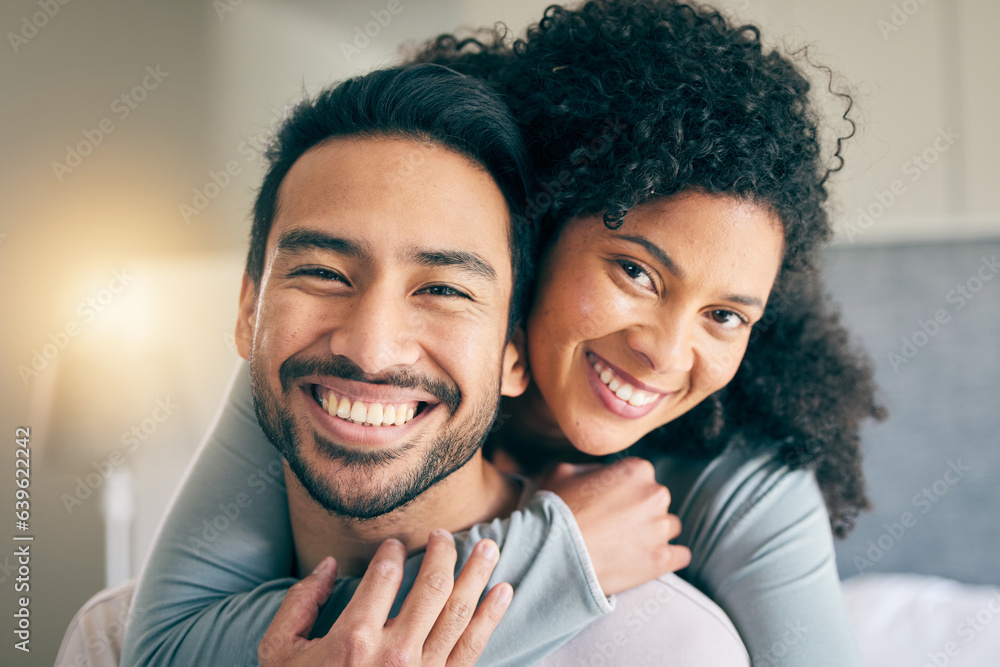 Couple, portrait and hug in bedroom, smile and love with bonding, care and trust in healthy relation