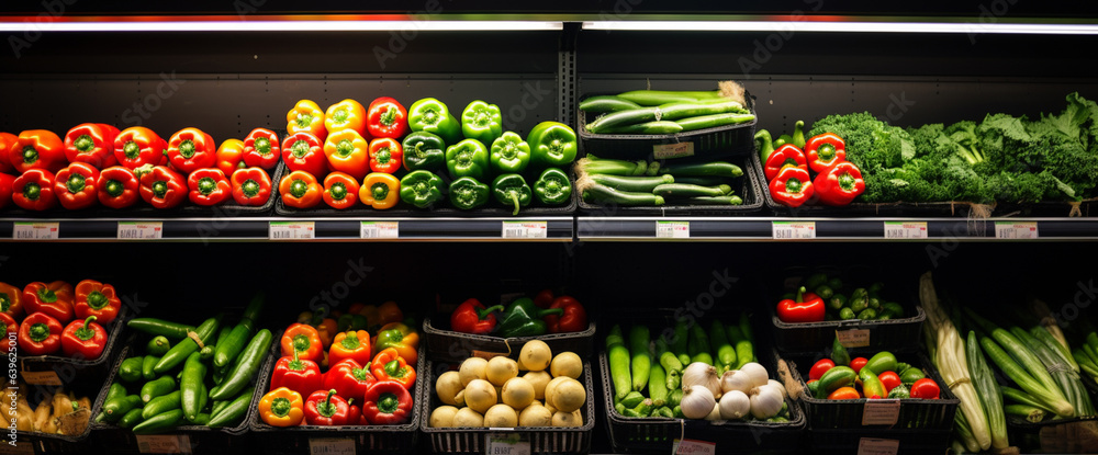 Fresh organic vegetables on a shelf in a supermarket, Shopping tomatoes, pepper peppers, cucumbers i