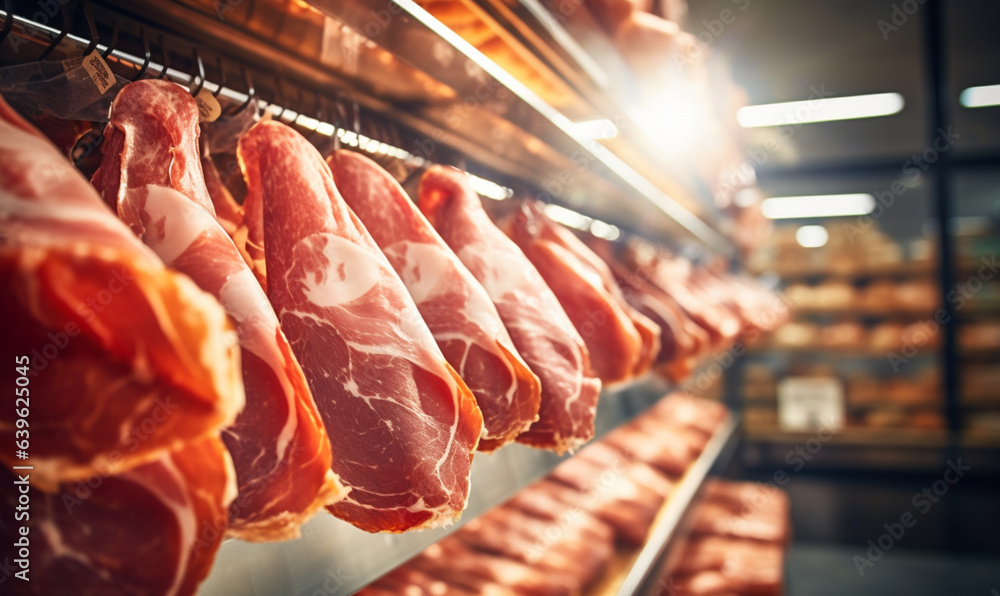 Fresh organic meat food on a shelf in a supermarket, Variety Shopping  in a supermarket meat, sausag