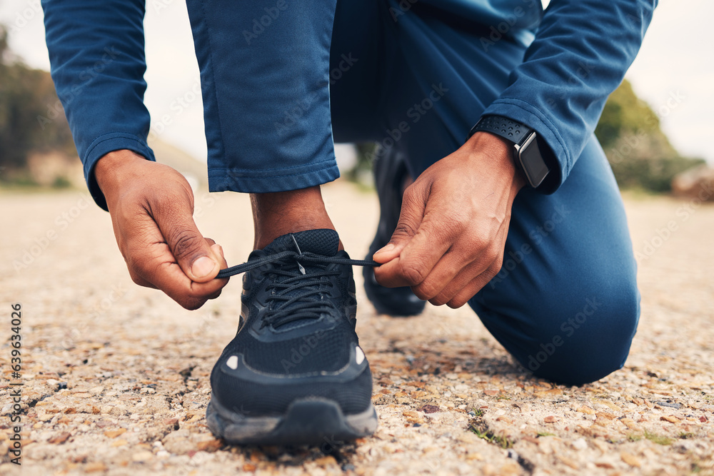 Tying laces, fitness and hands of a person for running, cardio or training preparation in nature. Cl